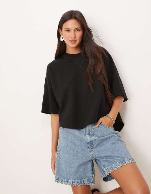 ASOS DESIGN soft touch curved hem boxy t-shirt in black