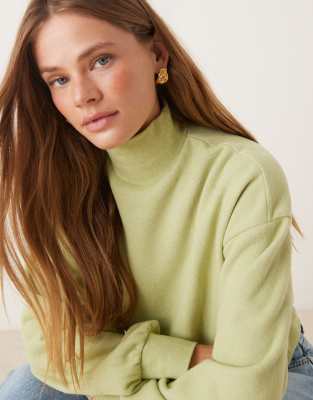 Asos Design Soft Touch Curved Hem High Neck Sweater With Balloon Sleeves In Green