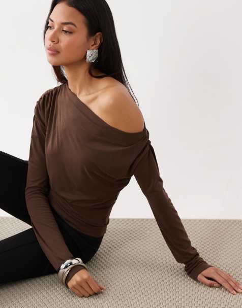 ASOS DESIGN soft touch drape off shoulder top with cinch waist in chocolate - view 1
