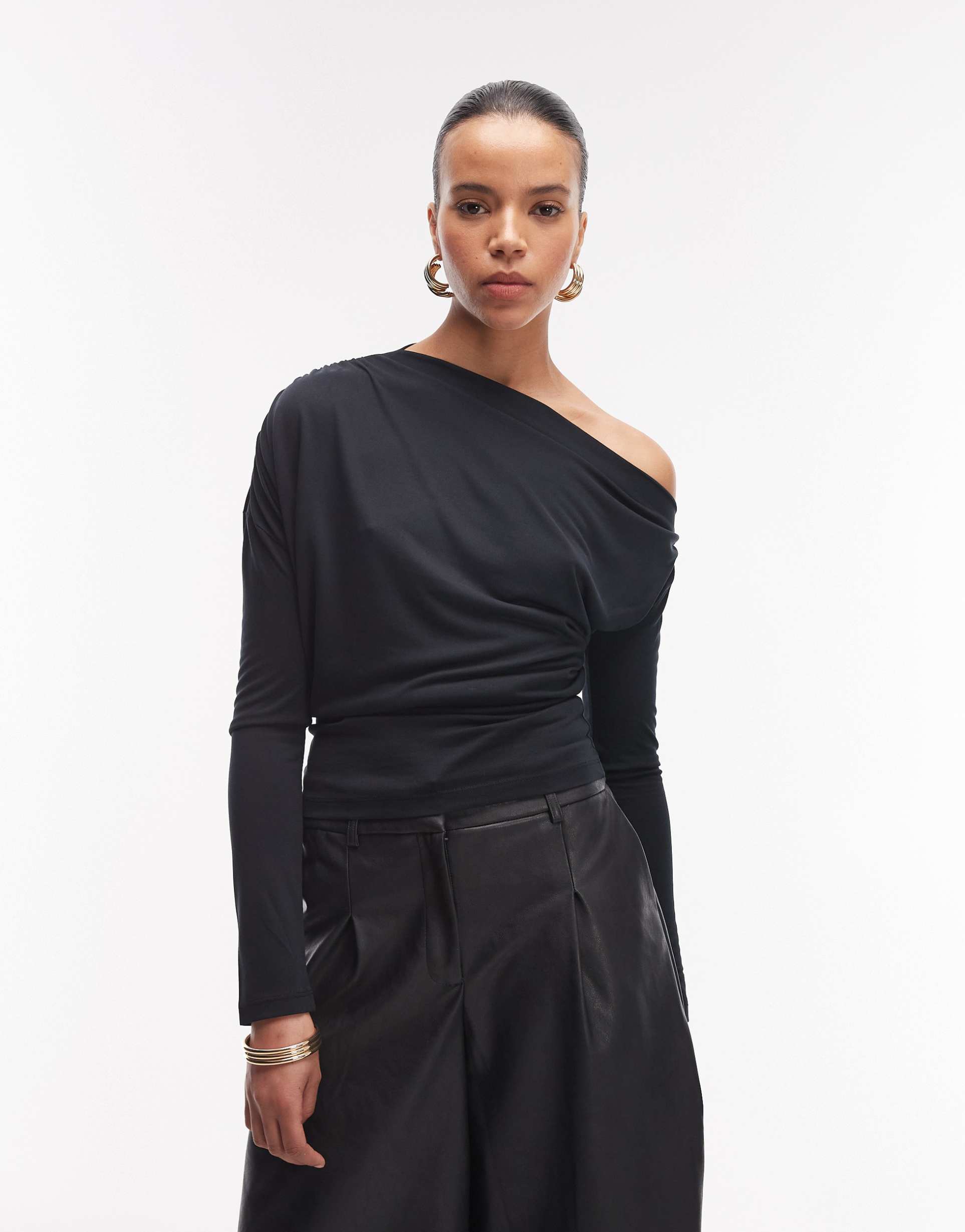 asos design soft touch draped off-shoulder top with cinch waist in black