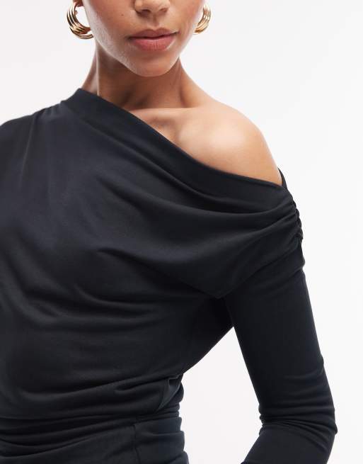 ASOS DESIGN soft touch draped off-shoulder top with cinch waist in black, 2 of 4