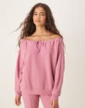 [ASOS DESIGN] ASOS DESIGN soft touch drawcord off shoulder sweatshirt in pink M PINK