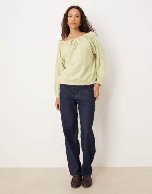 Asos Design Soft Touch Drawstring Off The Shoulder Sweatshirt In Green