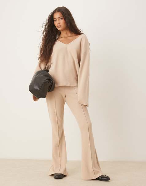 ASOS DESIGN soft touch flare trouser in light taupe - view 1