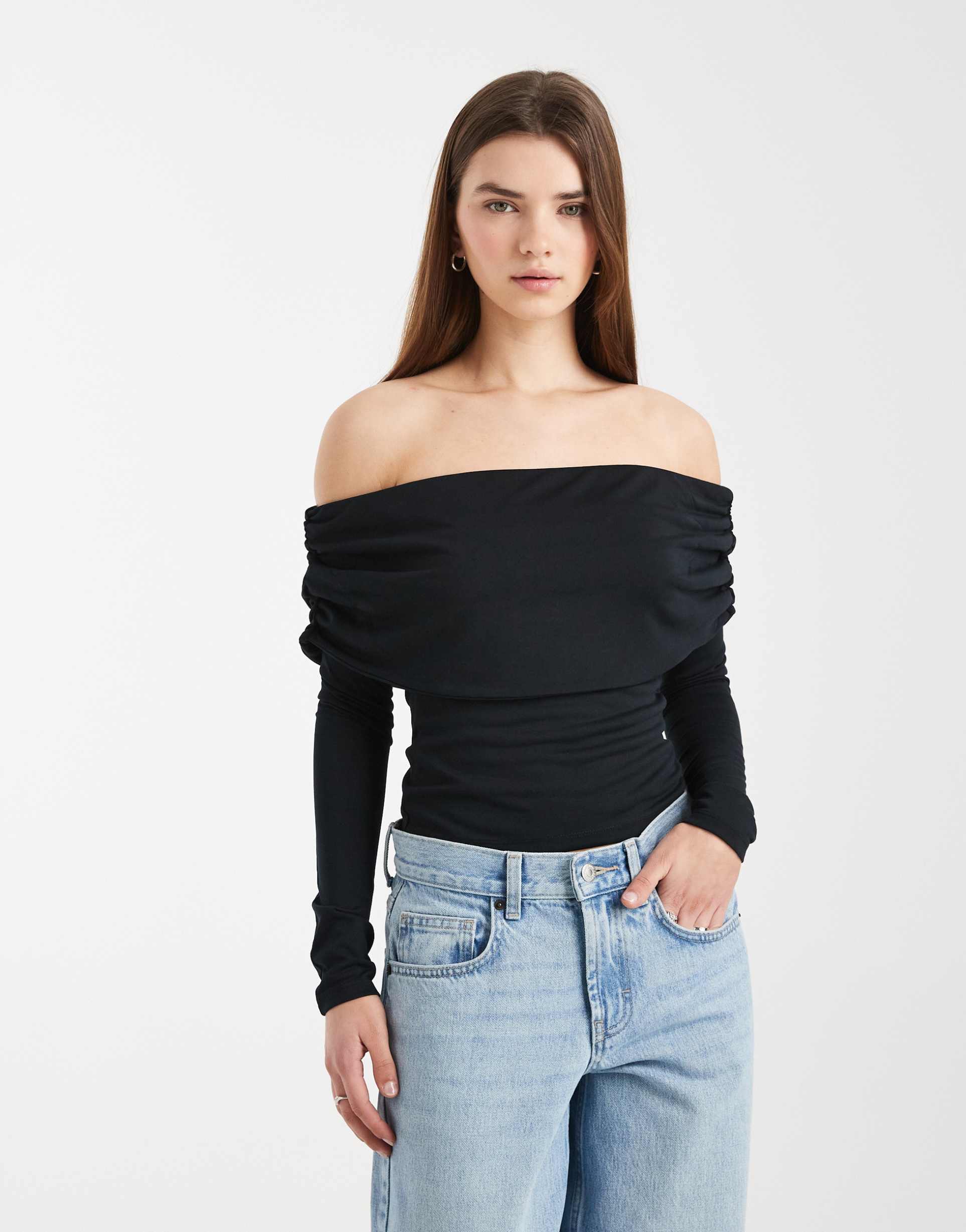 asos design soft touch fold-over bardot long sleeve top in black