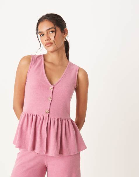 ASOS DESIGN soft touch frill hem button up co-ord in pink - view 1