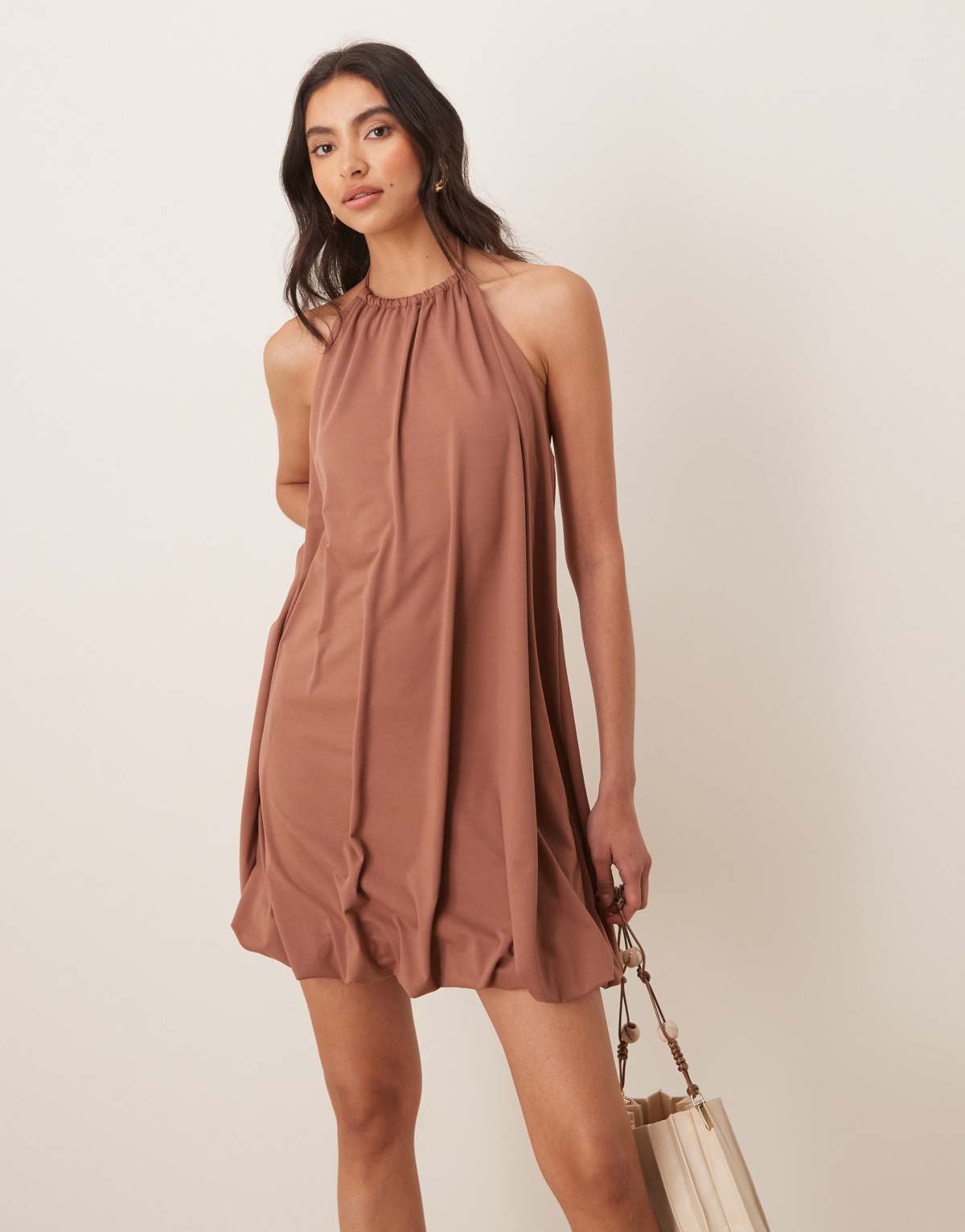 ASOS DESIGN soft touch halter neck mini dress in mocha