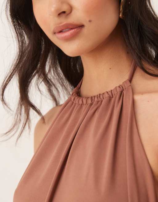 ASOS DESIGN soft touch halter neck mini dress in mocha, 4 of 4