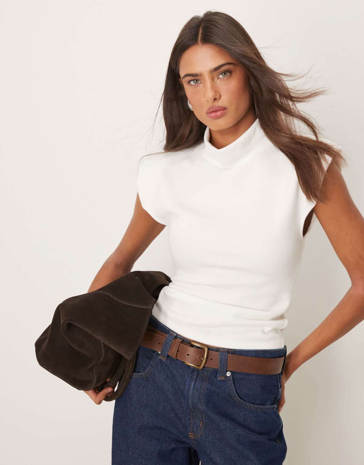 ASOS DESIGN soft touch high neck short sleeve top with shoulder pads in winter white