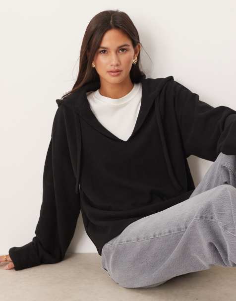 ASOS DESIGN soft touch hoodie with rolled cuff details in black - view 1