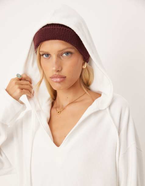 ASOS DESIGN soft touch hoodie with turn back cuff detail in winter white - view 1