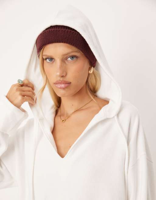 ASOS DESIGN soft touch hoodie with turn back cuff detail in winter white