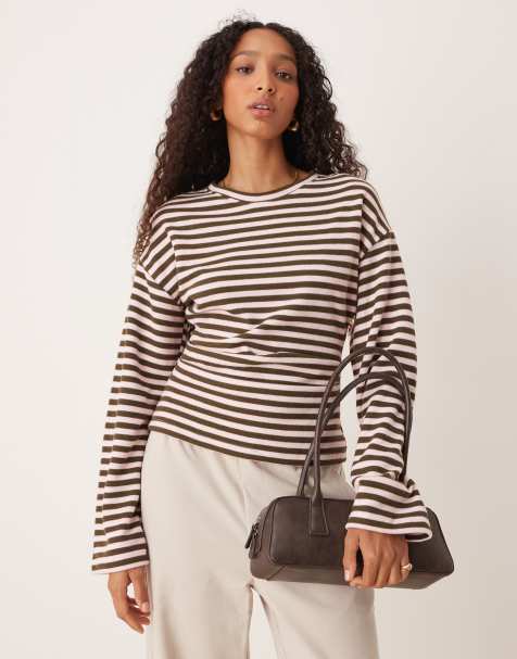 ASOS DESIGN soft touch long sleeve corset waist tee in khaki stripe - view 1