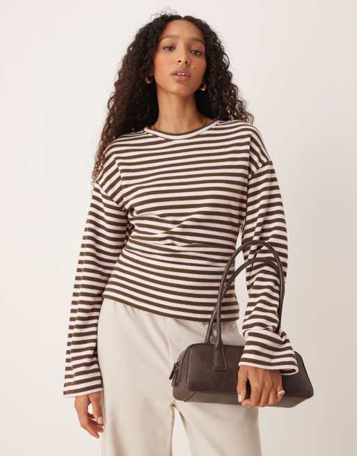 ASOS DESIGN soft touch long sleeve corset waist tee in khaki stripe