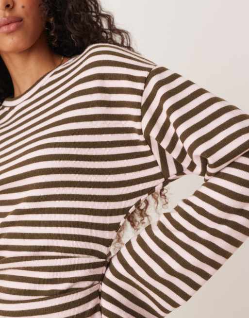 ASOS DESIGN soft touch long sleeve corset waist tee in khaki stripe