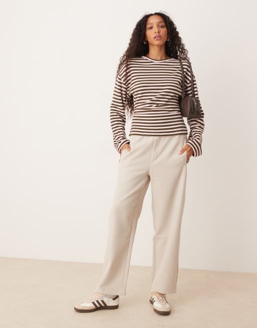 ASOS DESIGN soft touch long sleeve corset waist tee in khaki stripe