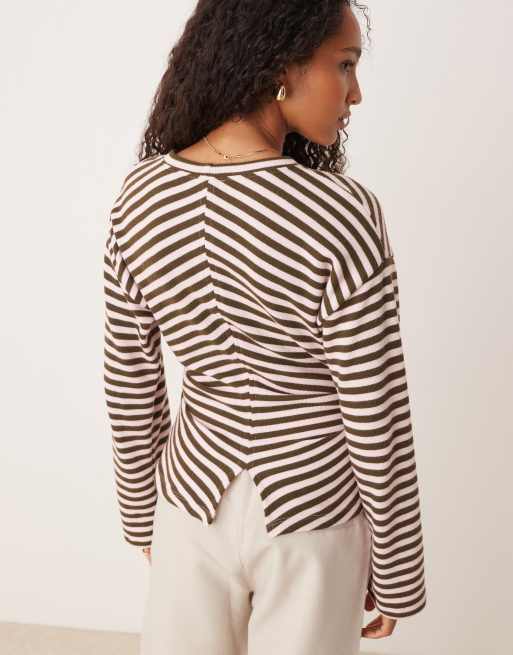 ASOS DESIGN soft touch long sleeve corset waist tee in khaki stripe