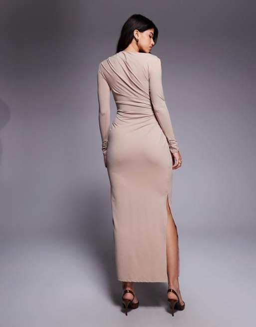 ASOS DESIGN soft touch long sleeve drape maxi dress in cappucino, 3 of 4