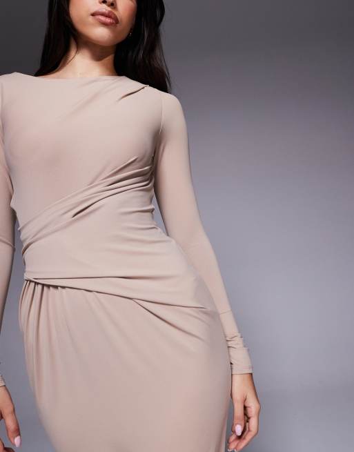 ASOS DESIGN soft touch long sleeve drape maxi dress in cappucino, 4 of 4