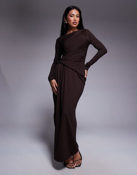 ASOS DESIGN soft touch long sleeve drape maxi dress in chocolate - view 1
