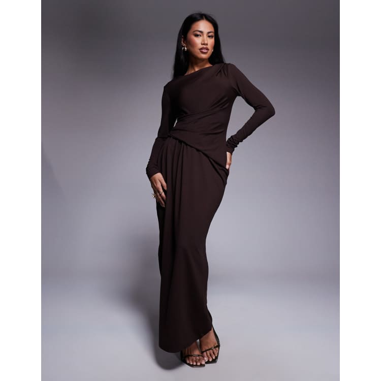 リルアー　drape design dress M-Long brown リルアー drape design dress M-Long brown Long Sleeve Draped