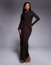 ASOS DESIGN mesh double ruffle midi tea dress in chocolate