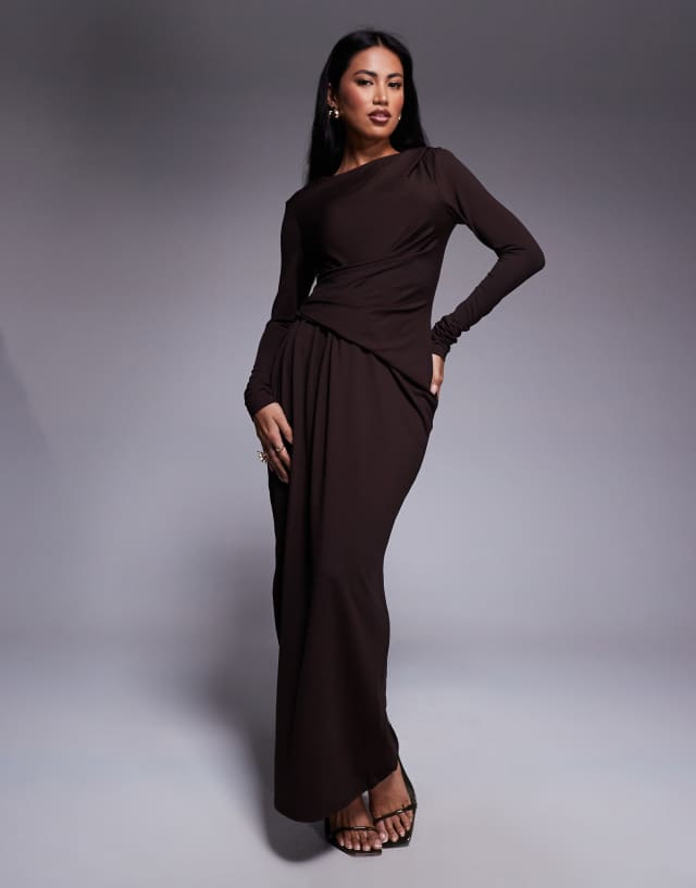 ASOS Design soft touch long sleeve drape maxi dress in chocolate-Brown