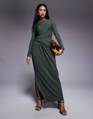 ASOS DESIGN soft touch long sleeve drape maxi dress in khaki-Red