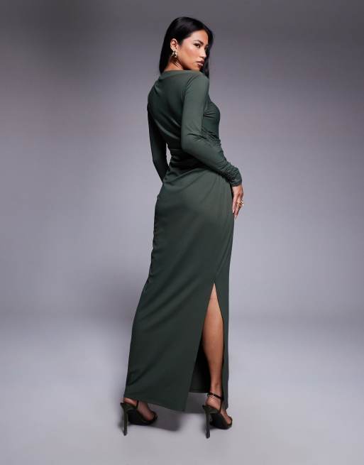 ASOS DESIGN soft touch long sleeve drape maxi dress in khaki