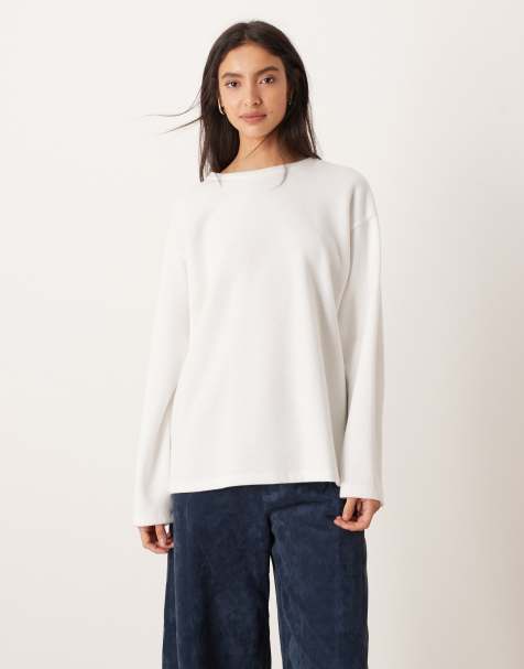 ASOS DESIGN soft touch long sleeve skater tee in winter white - view 1
