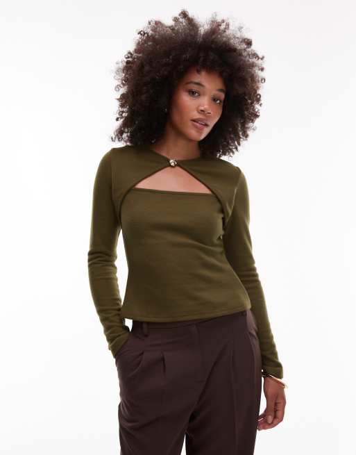 ASOS DESIGN soft touch long sleeve top with cut out detail in dark olive