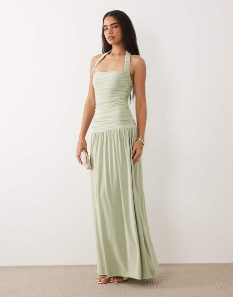 ASOS DESIGN soft touch maxi dress with ruched halter neck in sage green - view 1