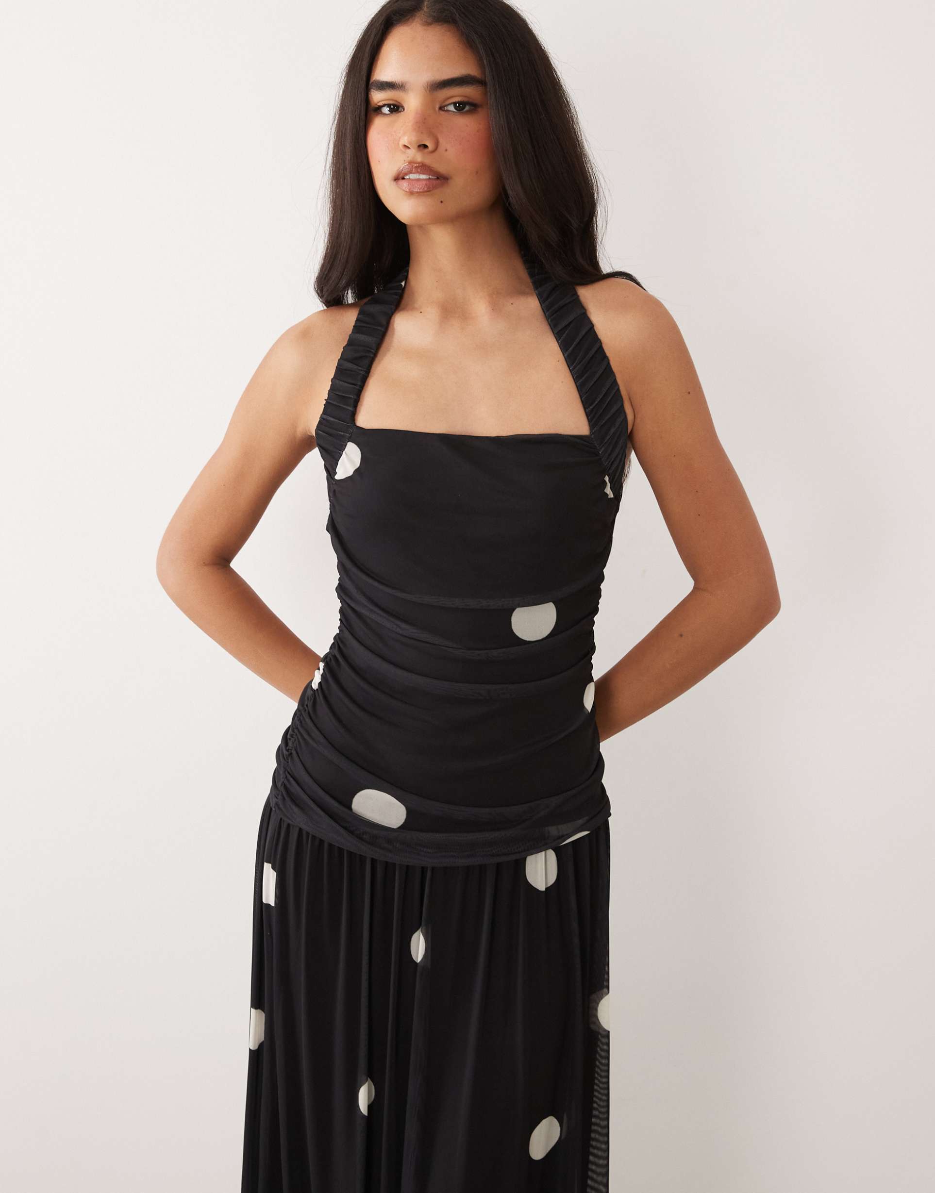 asos design soft touch maxi full circle skirt maxi with ruched halter neck in polka