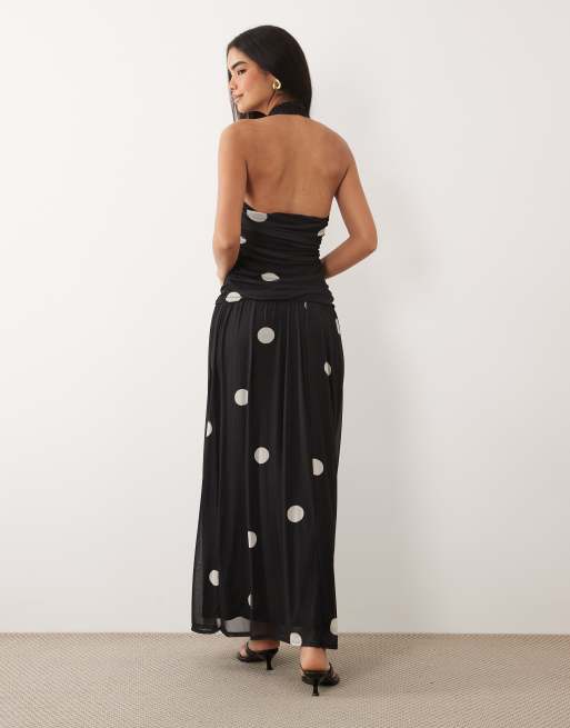 ASOS DESIGN soft touch maxi full circle skirt maxi with ruched halter neck in polka, 2 of 5