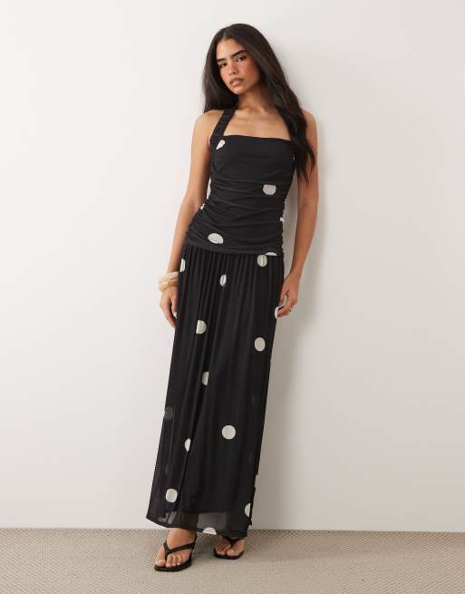 ASOS DESIGN soft touch maxi full circle skirt maxi with ruched halter neck in polka, 3 of 5