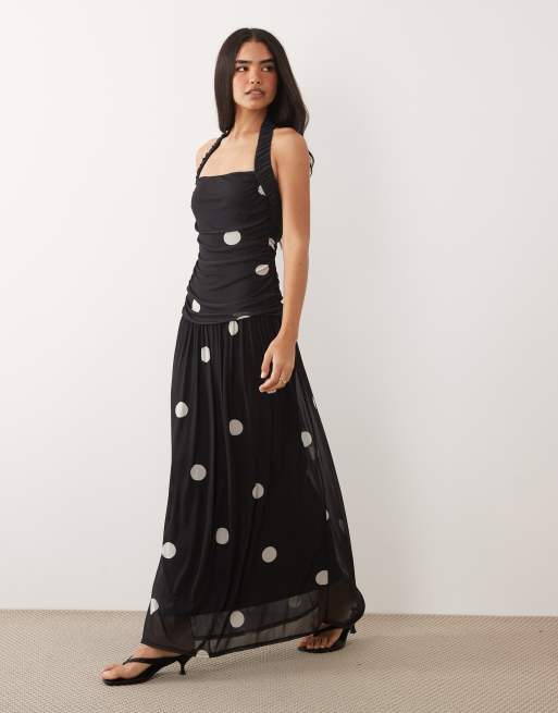 ASOS DESIGN soft touch maxi full circle skirt maxi with ruched halter neck in polka, 5 of 5