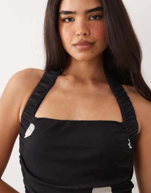 ASOS DESIGN soft touch maxi full circle skirt with ruched halter neck in polka, 4 of 5