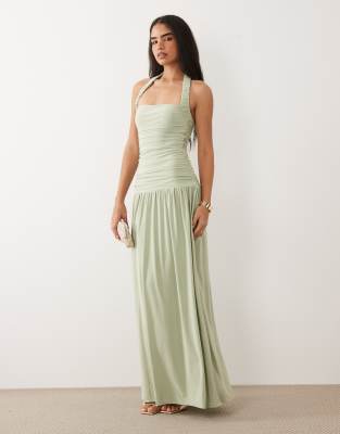 ASOS DESIGN soft touch maxi with ruched halter neck in sage green