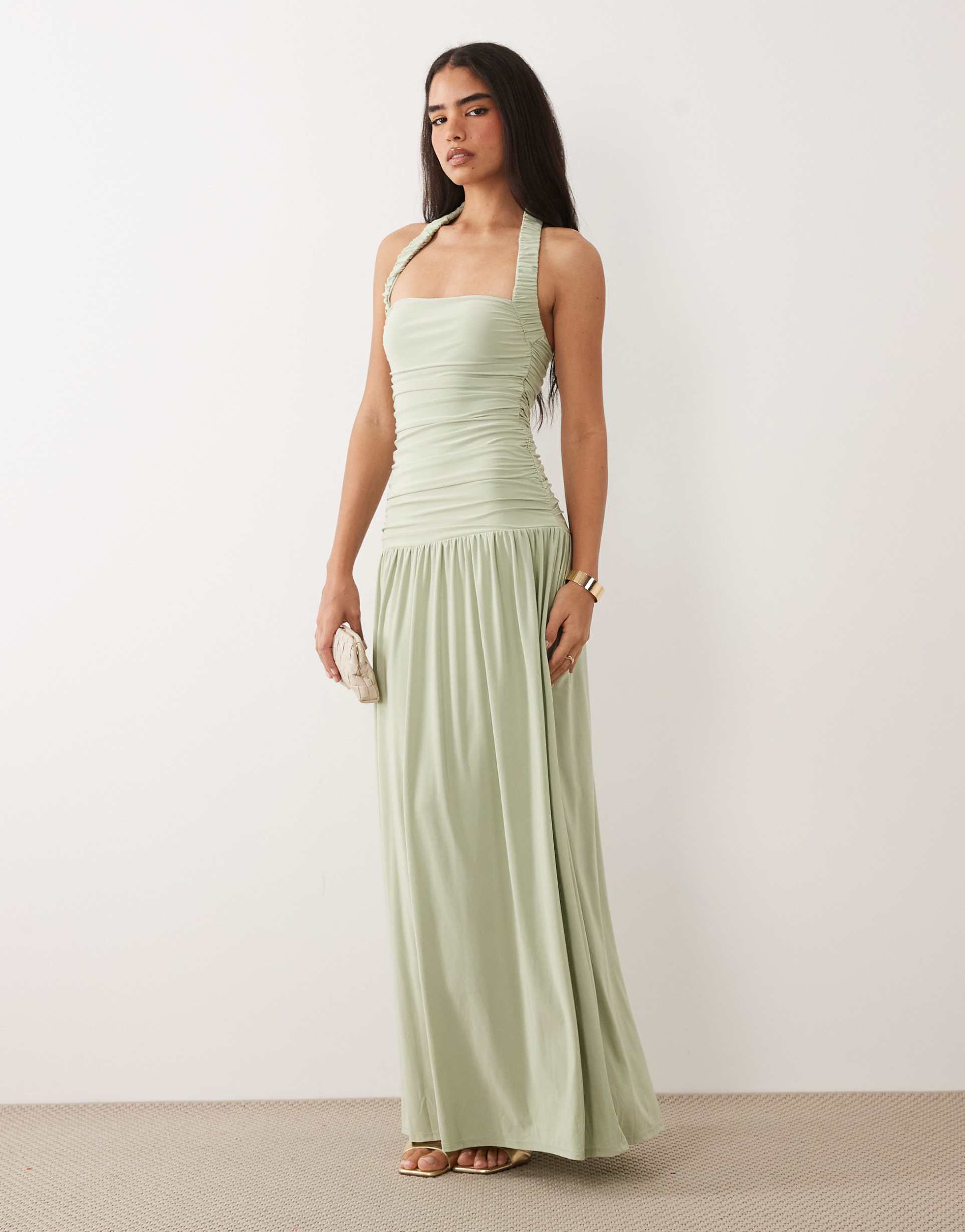 asos design soft touch maxi with ruched halter neck in sage green