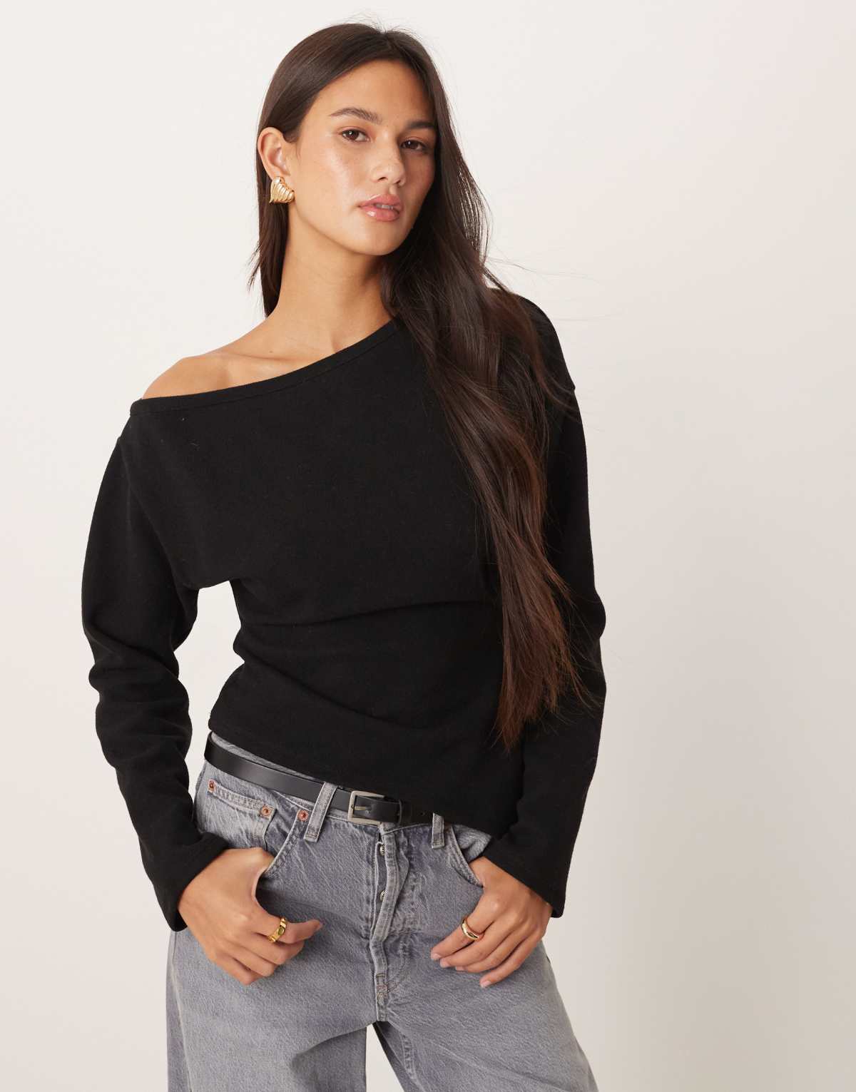 ASOS DESIGN soft touch off shoulder corset waist long sleeve top in black
