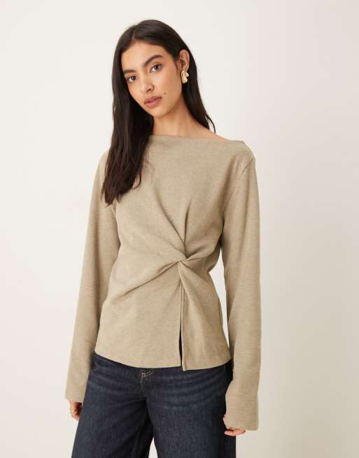 ASOS DESIGN soft touch off-shoulder knot detail long sleeve top in stone