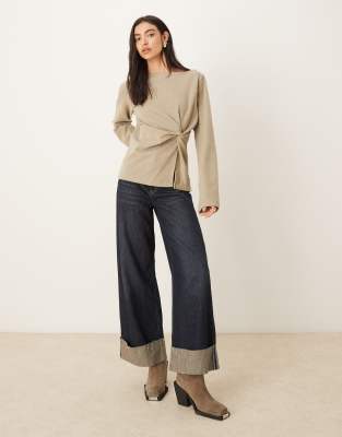 Asos Design Soft Touch Off-shoulder Knot Detail Long Sleeve Top In Neutral