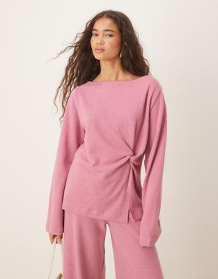 Asos Design Soft Touch Off Shoulder Knot Detail Long Sleeve Top-pink