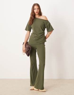 Asos Design Soft Touch Off Shoulder Tee In Green