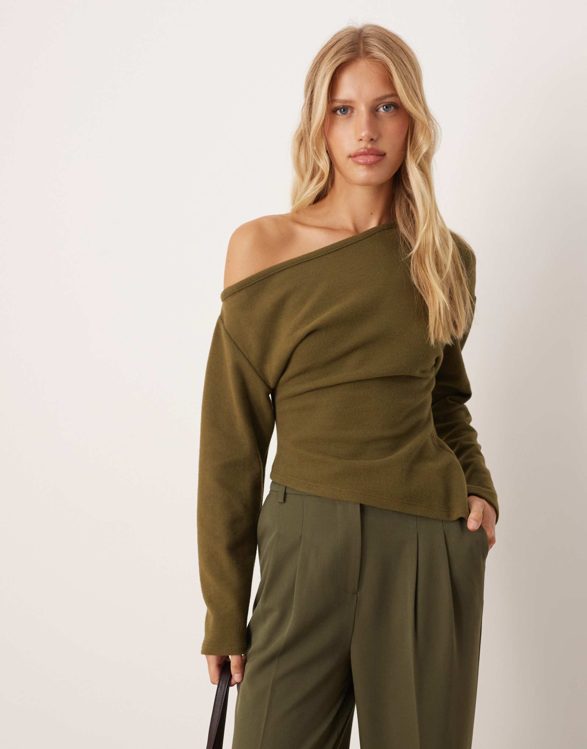 asos design soft touch off the shoulder corset waist long sleeve top in khaki green