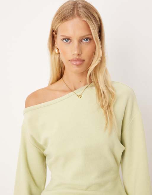 ASOS DESIGN soft touch off the shoulder corset waist long sleeve top in pastel green