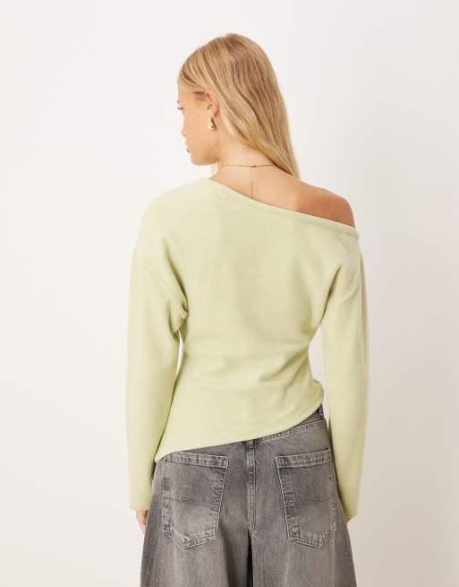 ASOS DESIGN soft touch off the shoulder corset waist long sleeve top in pastel green