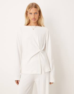 Asos Design Soft Touch Off The Shoulder Knot Detail Long Sleeve Top In White