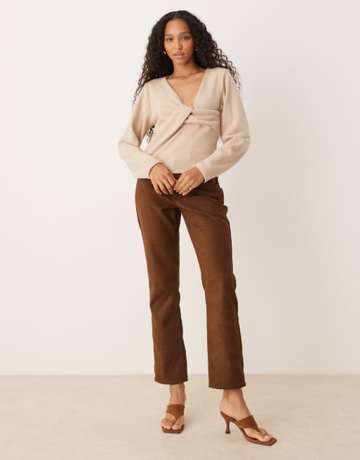 ASOS DESIGN soft touch one shoulder twist detail top in light taupe