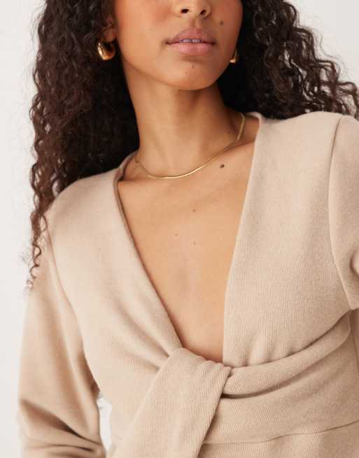 ASOS DESIGN soft touch one shoulder twist detail top in light taupe